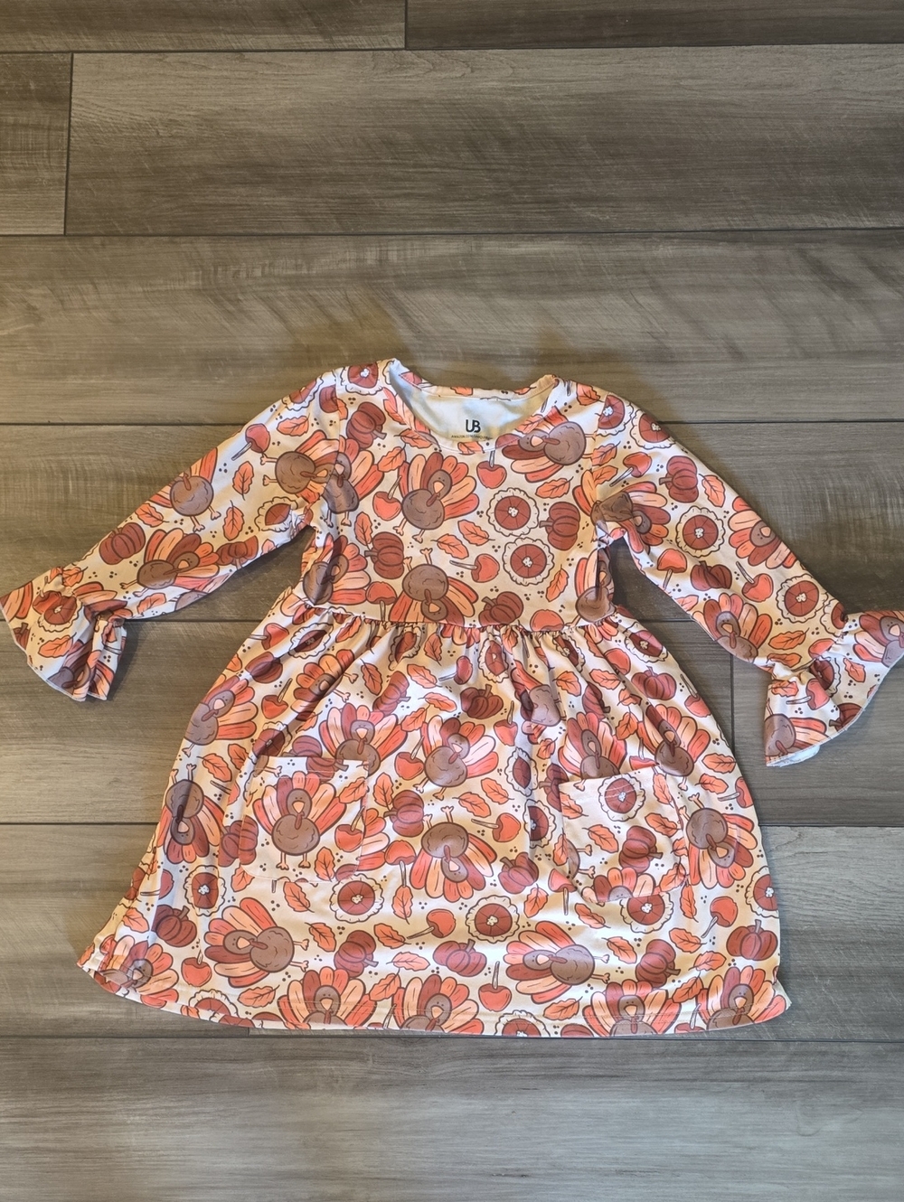 Girls' Cream& Orange Turkey Print Long-Sleeve Dress